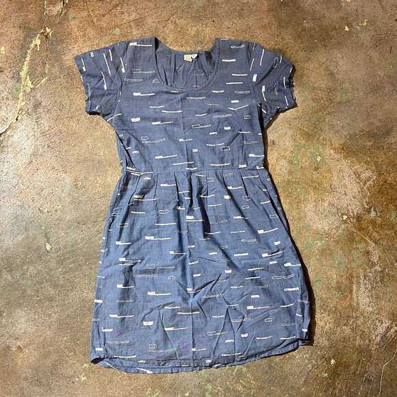 Cotton Chambray Short Sleeved Dress with Block Print Make It Good North of West - Picture 1 of 5